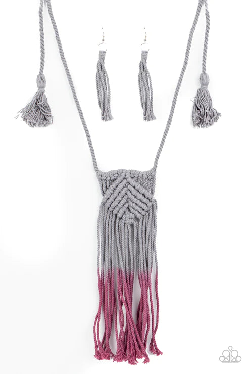 Look At MACRAME Now - Purple/Gray Ombre Twine Cord Knotted/Weaved Tasseled Macrame Necklace N#3247