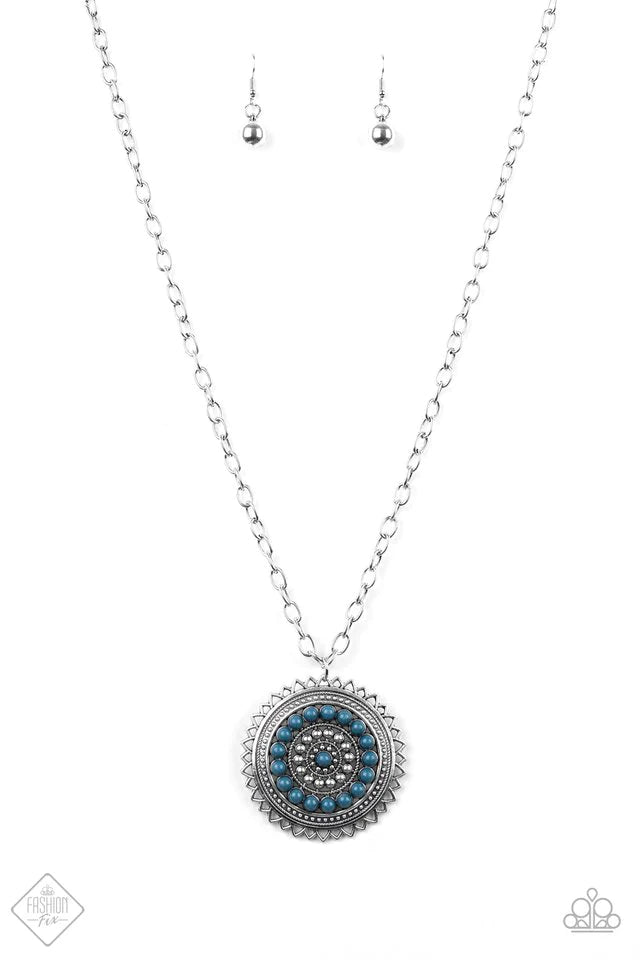 Lost SOL - Oversized Blue/Silver Decorated 3D Sunburst Tribal Pendant Necklace N#6216