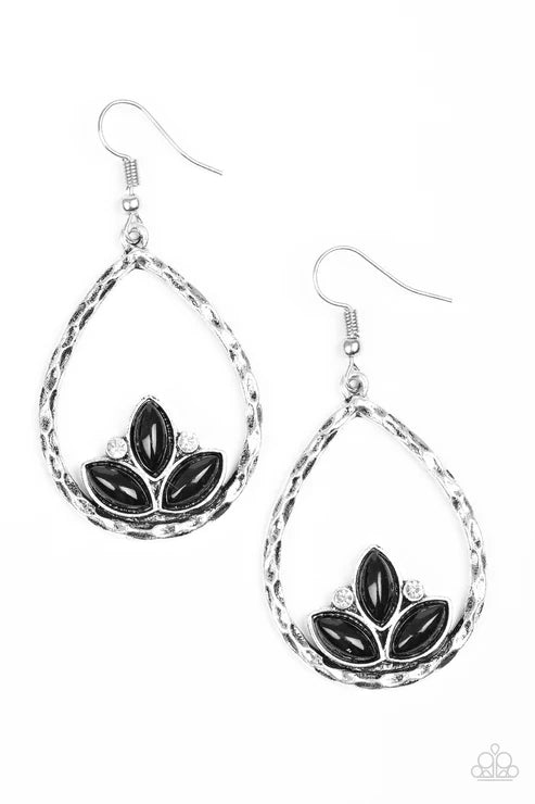 Lotus Laguna - Black Encrusted Lotus Hammered Teardrop Earrings E#6247