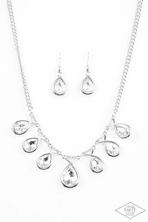 Love At FIERCE Sight - White Suspended Links Swooping Bars Spin Faceted Teardrop Fringe Necklace N#5699