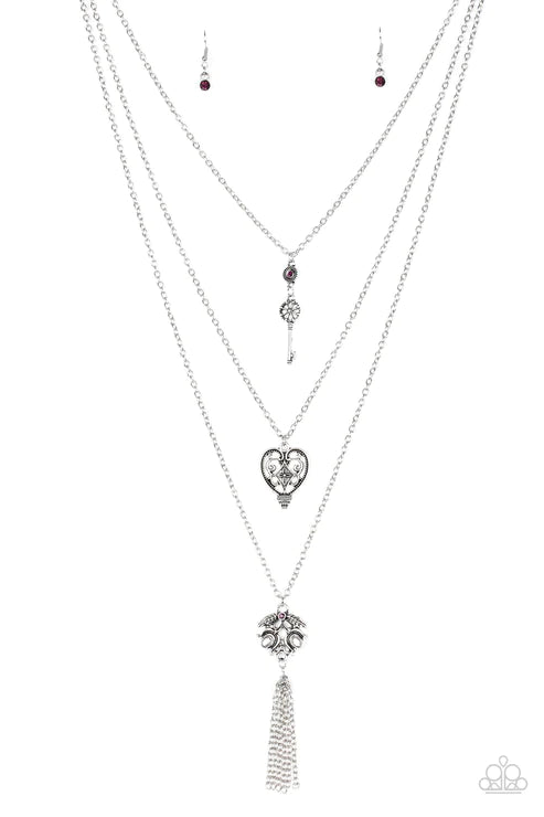 Love Opens All Doors - Purple 3D Key/Heart/Leafy Tassel Necklace N#5706