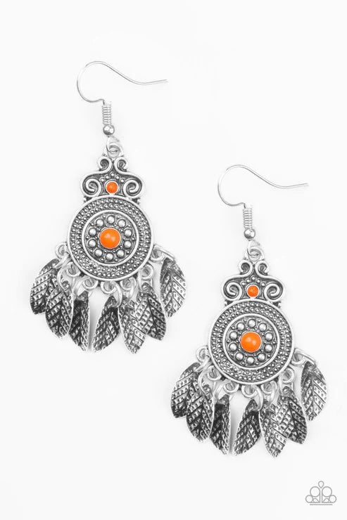 Lower East WILDSIDE - Orange Cascade Leaves Ornate Lure Tribal Fringe Earrings E#6225