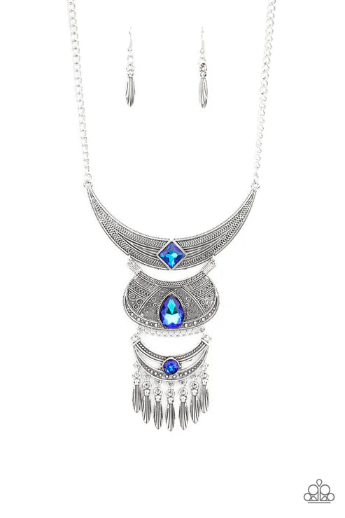 Lunar Enchantment - Oversized Blue Square/Teardrop/Round Embossed/Embellish Studded Geometric Paisley Filigree Trio Mismatched Half Moon Plates Dramatic Link UV Shimmer Decorative Fringe Necklace N#5337