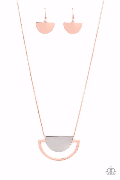Lunar Phases - Oversized Copper/Silver Mixed Metal Overlap Half-Moon Lunar Snake Chain Necklace N#222