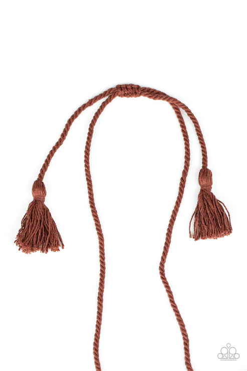Macrame Mantra - Oversized Brown Knotted Twine Macrame Twisted Frayed Fringe Necklace N#5766