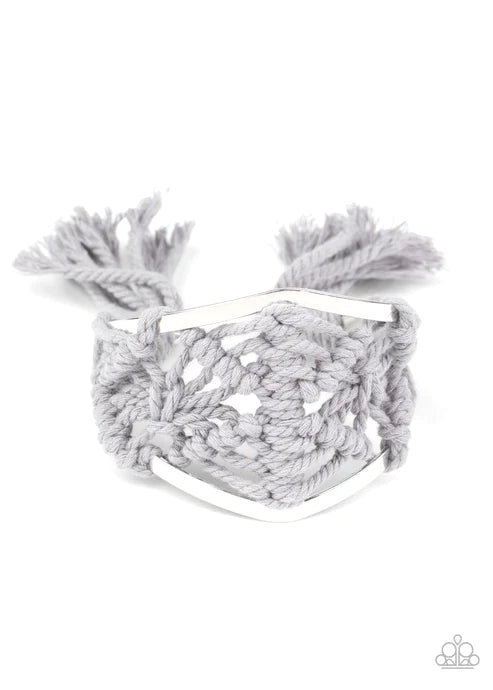 Macrame Mode - Oversized Silver Ash Airy Macrame Knotted/Weaved Tassel Cord Cuff Bracelet B#5771