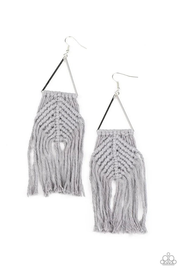 Macrame Jungle - Oversized Silver Airy Triangle Knotted/Weaved Macrame Fringe Earrings E#7190