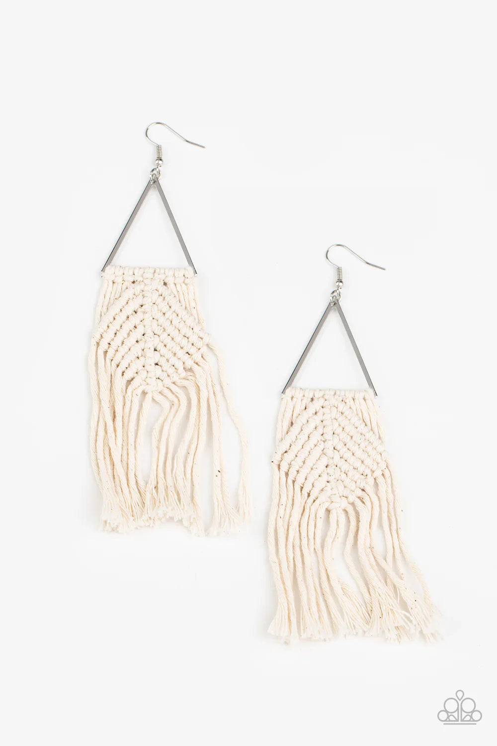 Macrame Jungle - Oversized White Airy Triangle Knotted/Weaved Macrame Fringe Earrings E#7143