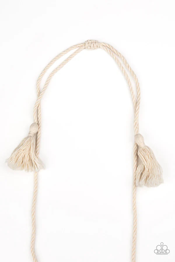 Macrame Mantra - Oversized White Knotted Twine Macrame Twisted Frayed Fringe Necklace N#6904