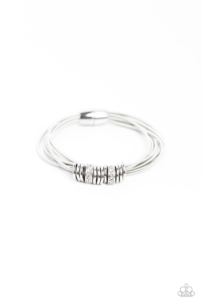 Magnetically Metro - White Disc/Ring Encrusted Spring Slide-Along Magnetic Bracelet B#2092