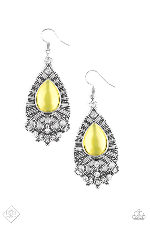 Majestically Malibu - Oversized Yellow Cat's Eye Moonstone Encrusted Teardrop Earrings E#2875