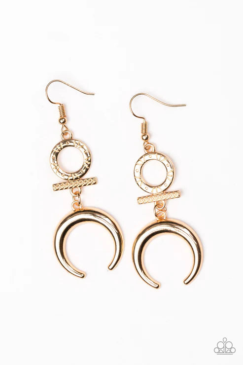 Majestically Moon Child - Gold Geometric Tribal Crescent Earrings E#6372