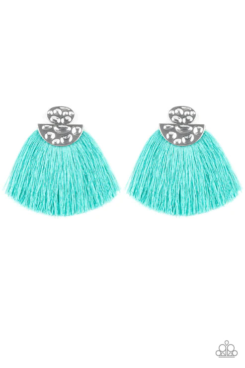 Make Some PLUME - Oversized Blue Hammered Oval Half-Moon Coalesce Flared Out Fringe Lure Earrings E#2710