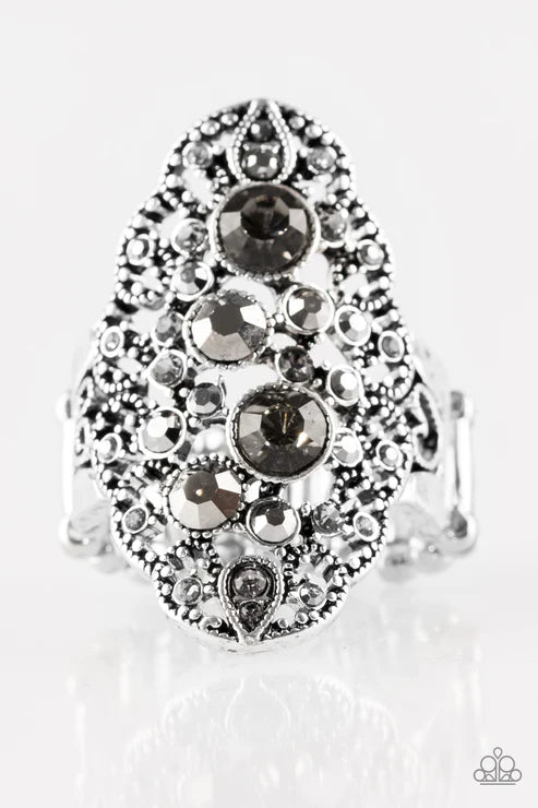 Make Your Own Fairytale - Oversized Smoky Silver/Hematite Encrusted Filigree Vine Backdrop Ring R#5932