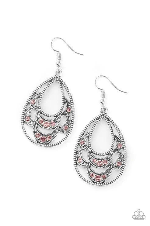 Malibu Macrame - Oversized Pink Dotted/Studded Encrusted Layered Petal Teardrop Earrings E#6127