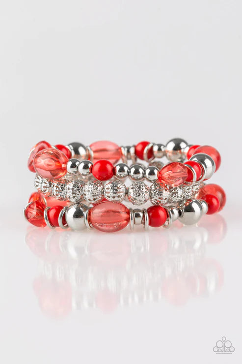 Malibu Marina - Red/Silver Mismatched Glassy/Polished Accent Bracelet Stack B#3399