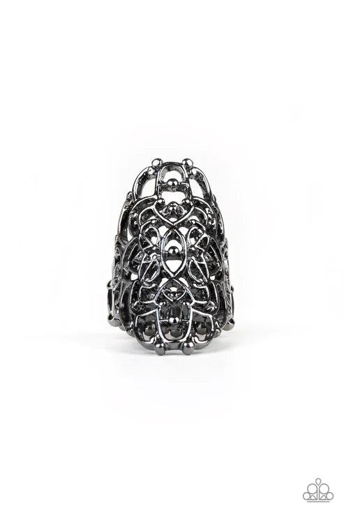 Mandala Magic - Oversized Black Dotted/Studded Airy 3D Mandala Filigree Swirl Ring R#5433