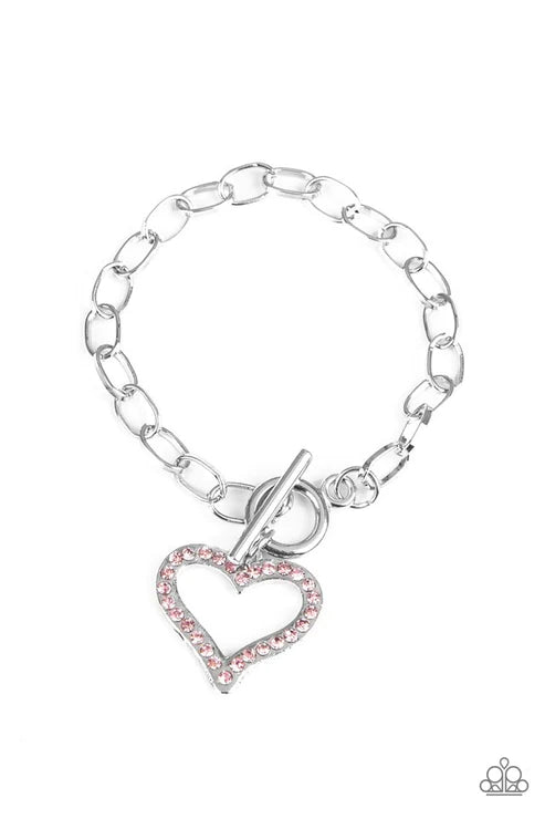 March To A Different HEARTBEAT - Oversized Pink 3D Heart Charm Encrusted Tiffany Clasp Bracelet B#6165