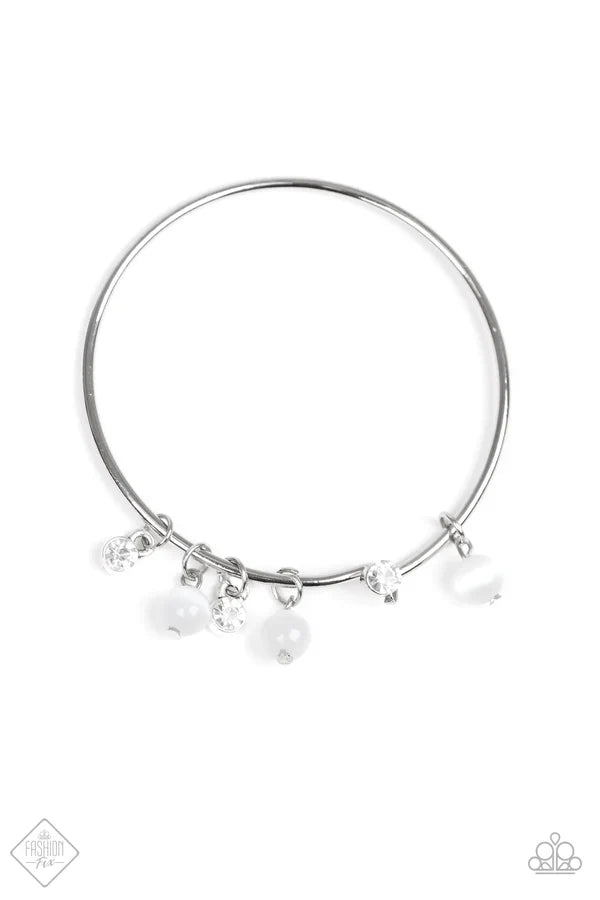 Marine Melody - White Cat's Eye Moonstone Encrusted Slide Along Wire Hinged Bangle Bracelet B#6942