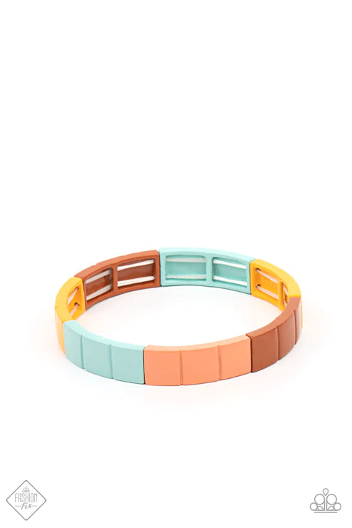 Material Movement - Multi (Pantone Shades Cerulean/Rust/Marigold/Burnt Coral) Painted Metal Rectangles Bracelet B#5690