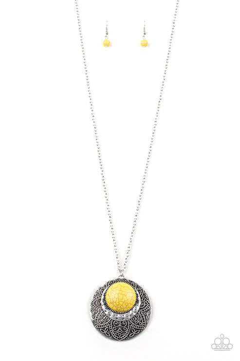 Medallion Meadow - Sunny Yellow Stone Medallion Floral Hammered Tribal Necklace N#3366