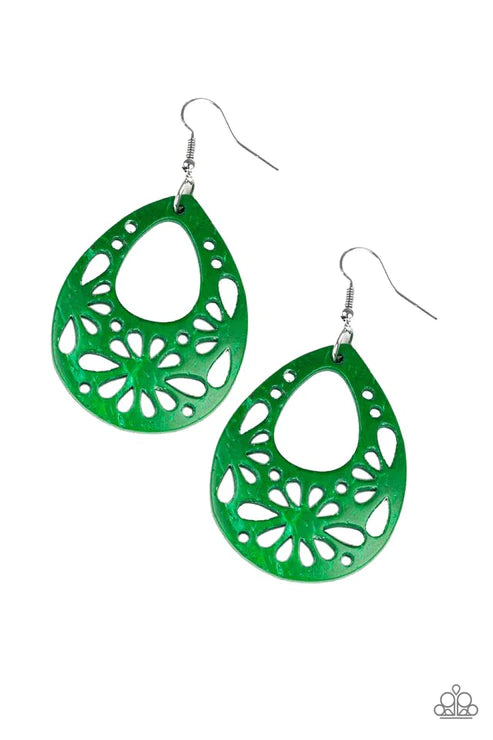 Merrily Marooned - Green Airy Stenciled Distressed Wood Earrings E#4489