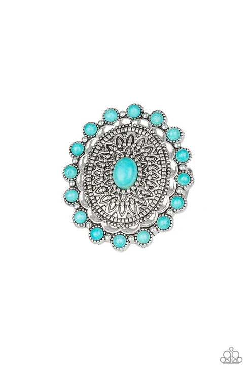 Mesa Mandala - Oversized Blue Embossed Dotted Dizzying Floral Stone Accent Ring R#5533