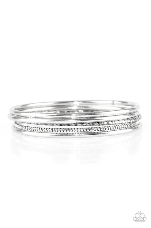 Mesa Mix - Silver Mismatched Smooth/Serrated/Scratched Textured Bangle Bracelet Stack B#4674