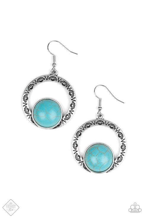 Mesa Mood - Blue Stone Stamped Hammered Tribal Hoop Earrings E#3272