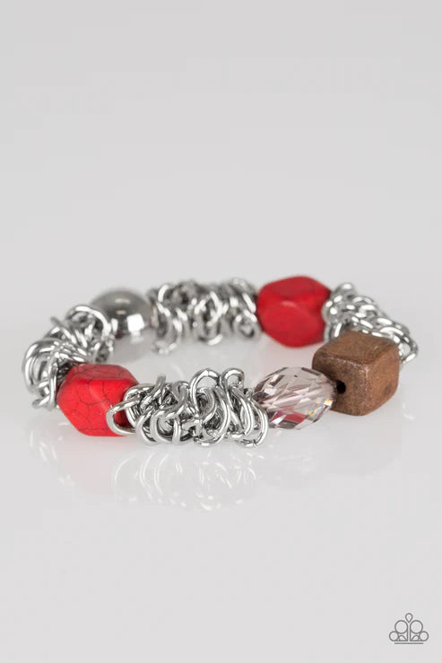 Mesmerizingly Magmatic - Red (Fiery) Mishmash Metallic Crystal Wood/Stone Accent Bracelet B#3055