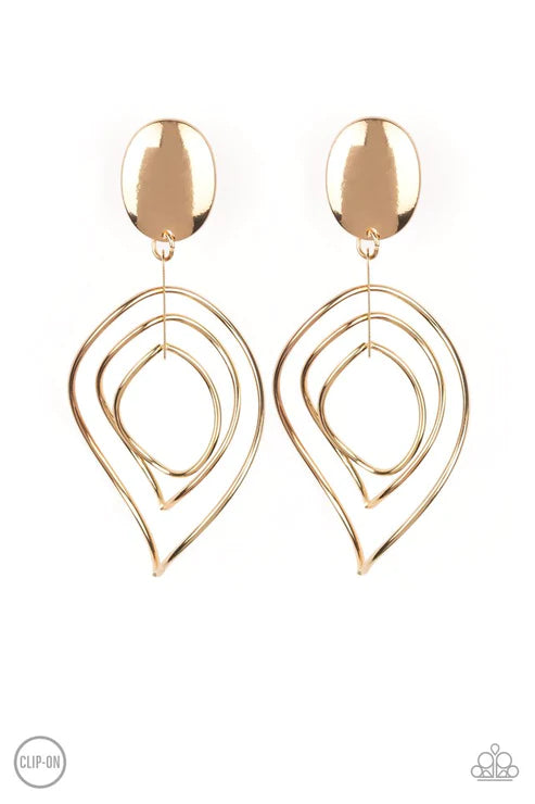 Metallic Foliage - Gold Leaf Twirling Trio Oval Leaf Clip-On Earrings E#2841