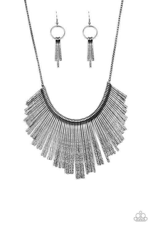 Metallic Mane - Black Textured Rounded Flared Rod Fringe Necklace N#3961