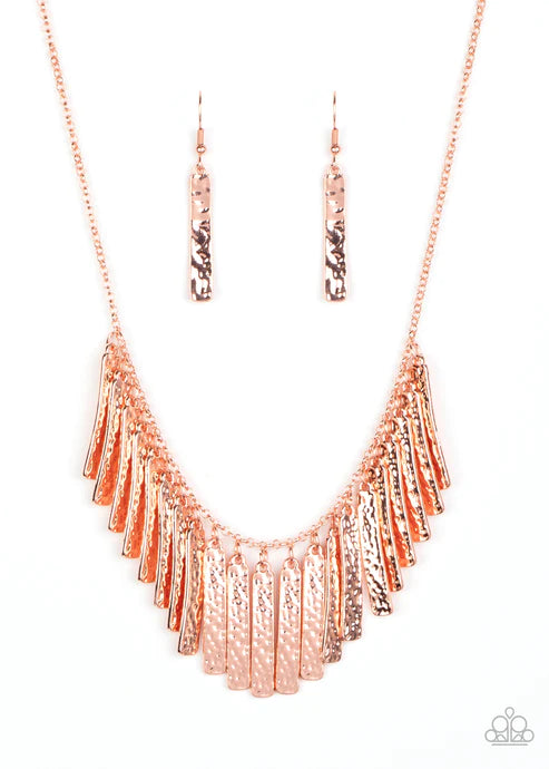 Metallic Muse - Copper Rectangular Hammered Plate Fringe Necklace N#2782