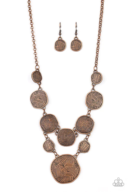 Metallic Patchwork - Copper Patchwork Linear Textures Asymmetrical Circular Link Bold Metallic Necklace N#3269