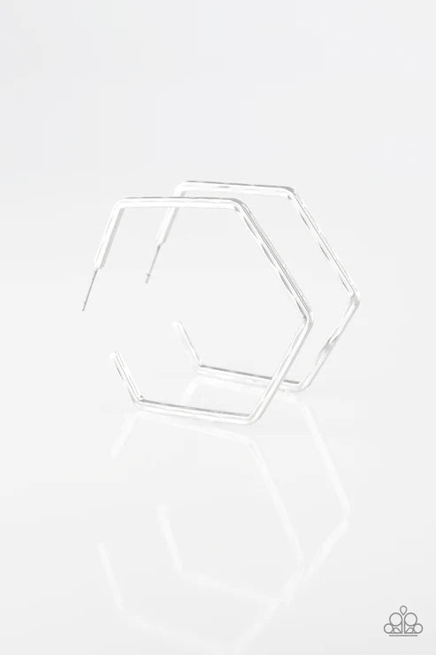 Metro Metric - Oversized Silver Hammered Hexagon Hoop Earrings E#3794
