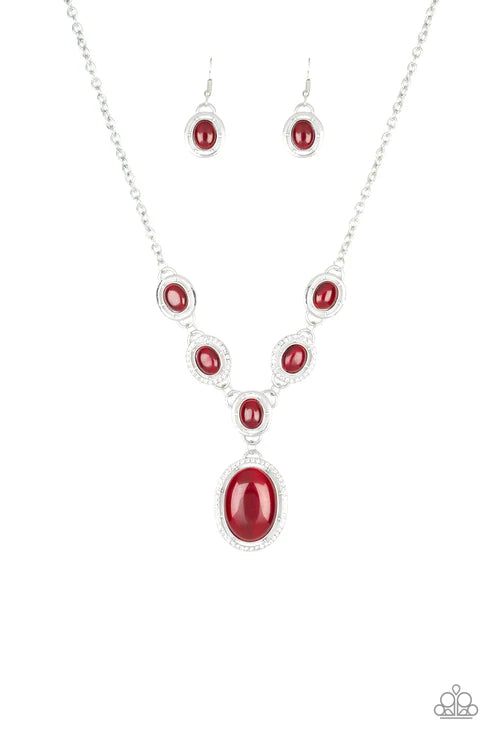 Metro Medallion - Oversized Red Encrusted Oval Cat's Eye Moonstone Links Whimsical Extended Pendant Necklace N#7280