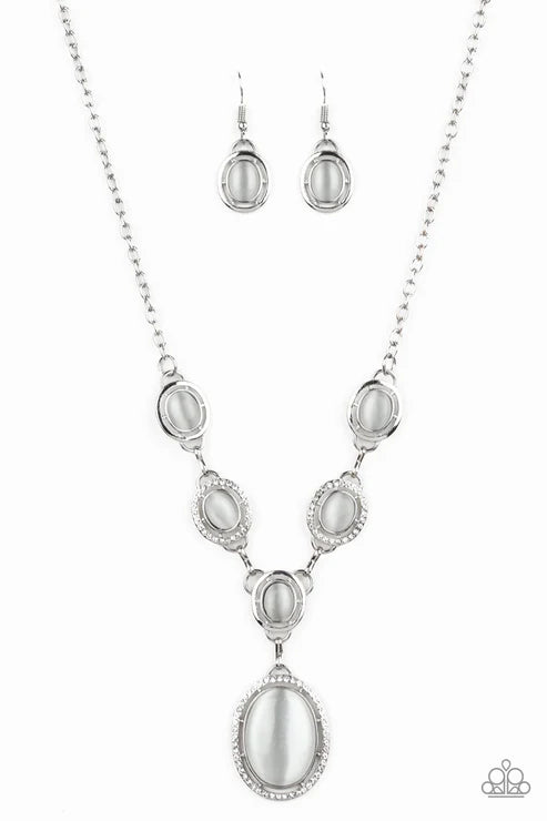 Metro Medallion - Oversized White Encrusted Oval Cat's Eye Moonstone Links Whimsical Extended Pendant Necklace N#6773