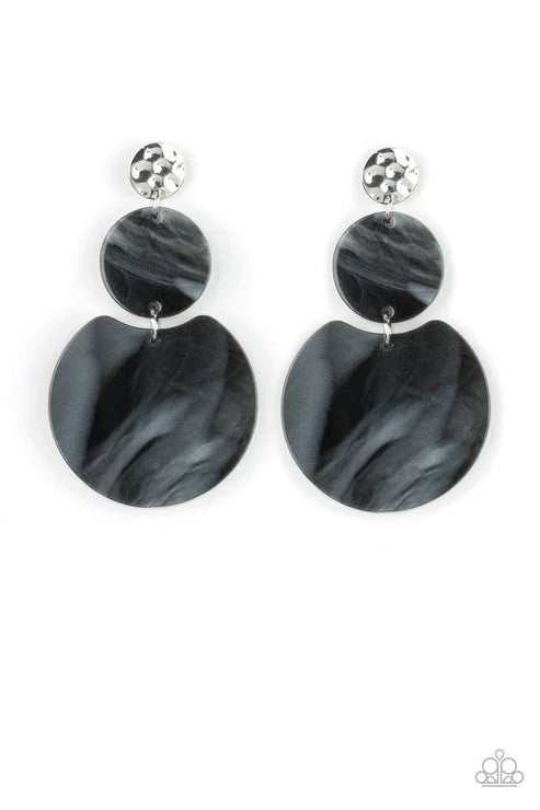 Miami Mariner - Oversized Black Spotted Shell Iridescent Hammered Retro Earrings E#2892