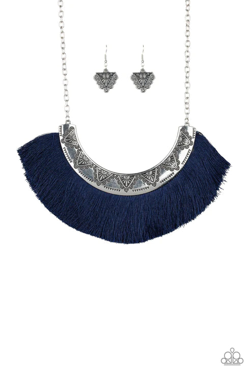 Might and MANE - Blue Plume Threaded Flared Half-Moon Stamped Tribal Fringe Necklace N#2812