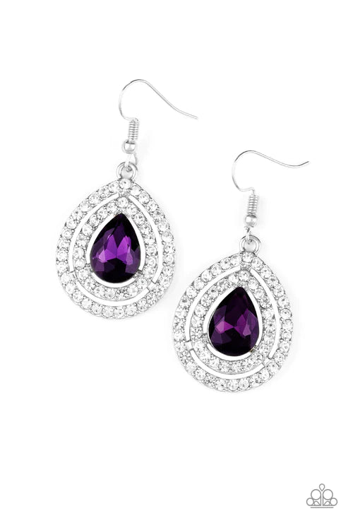 Millionaire Debonair - Oversized Purple Dazzling Teardrop Encrusted Stack Teardrop Frames Radiating White Encrusted Glamorous Lure Earrings E#5660