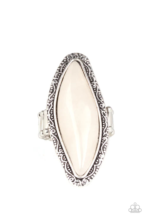 Mineral Mine - Oversized White Oblong Embossed/Studded Tactile Filigree Stone Ring R#5009
