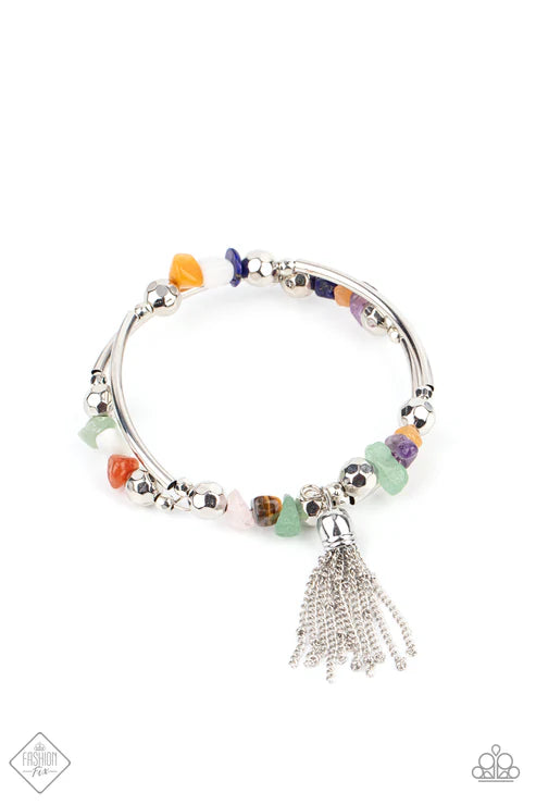 Mineral Mosaic - Multi Faceted Raw Cut Rock Cylindrical Accents Coiled Wire Tassel Spiral Bracelet B#7396