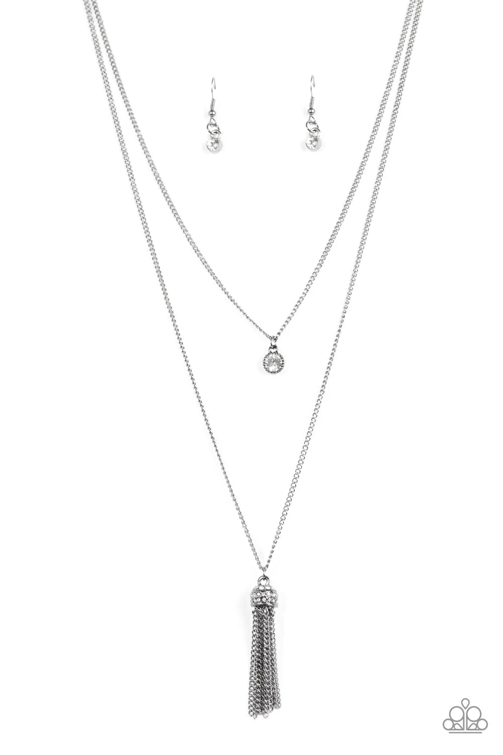 Minimal Millennial - Black Solitaire White Encrusted Gunmetal Chains Stream Tassel Necklace N#7152