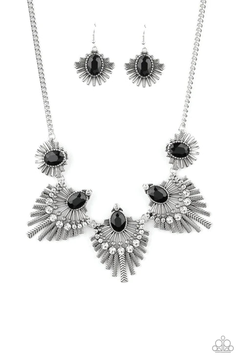 Miss YOU-niverse - Black Encrusted Textured Fringe Fan Necklace N#4449