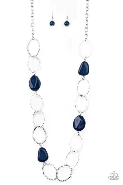 Modern Day Malibu - Oversized Blue Faceted Faux Rock Hammered Hoop Necklace N#4490