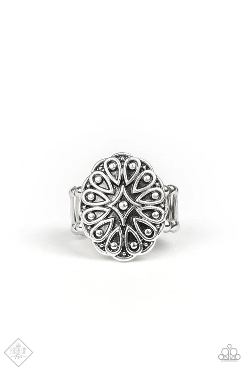 Modern Mandala - Silver Embossed Ornate Scalloped Swirl Teardrop Ring R#5666