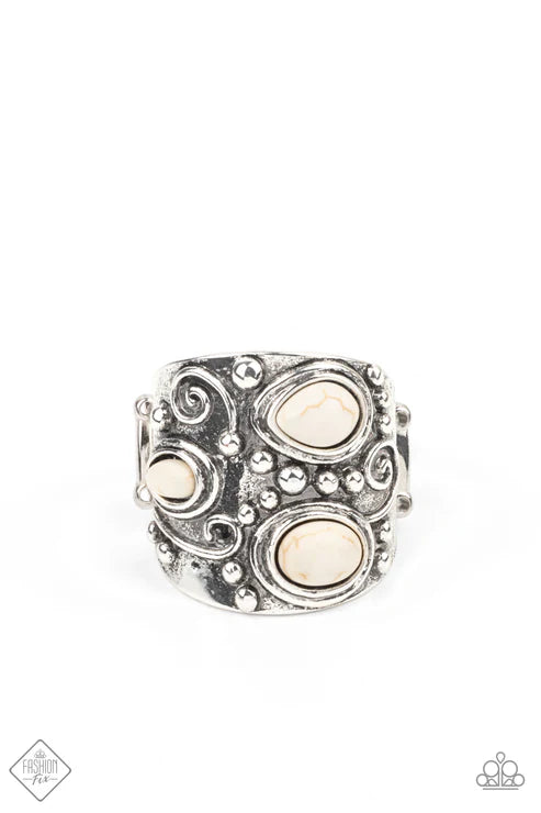 Modern Mountain Ranger - Oversized White Earthy Collection Teardrop/Oval Stones Studded/Embossed Tribal Inspired Patterns Ring R#7380