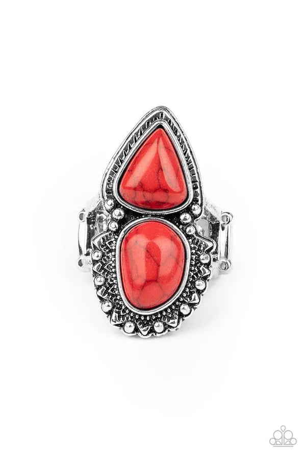 Mojave Mosaic - Oversized Red Duo Imperfect Oval/Triangular Stones Asymmetrically Studded Silver Frames Stacked Ring R#6899