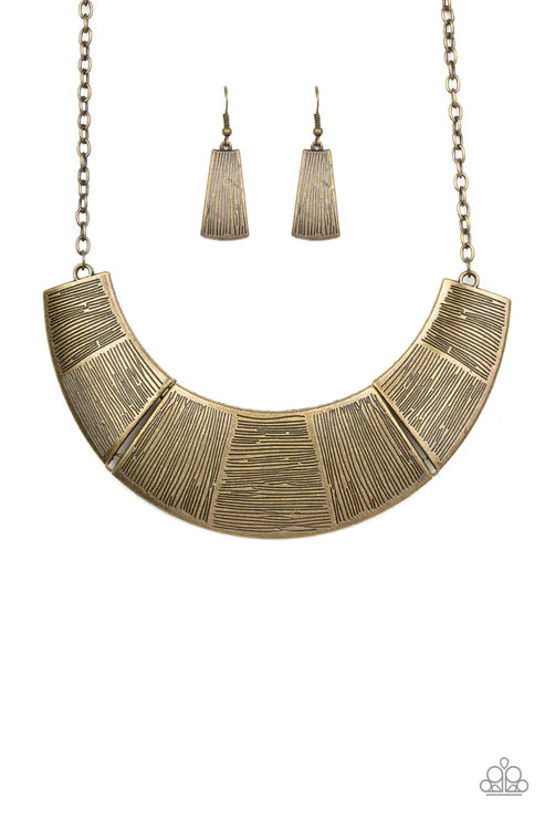 More Roar - Oversized Brass Etched Vertical/Horizontal Linear Textures Antiqued Plates Link Bold Half-Moon Pendant Necklace N#6265