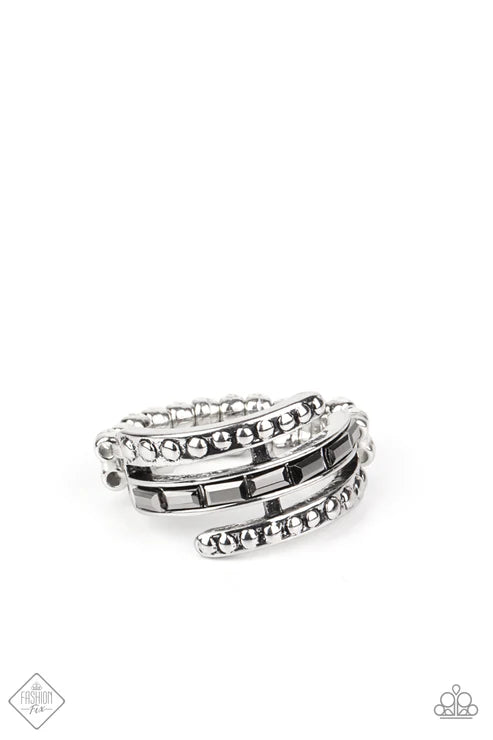 More To Go Around - Silver Emerald Cut Hematite Studded Ring R#6738